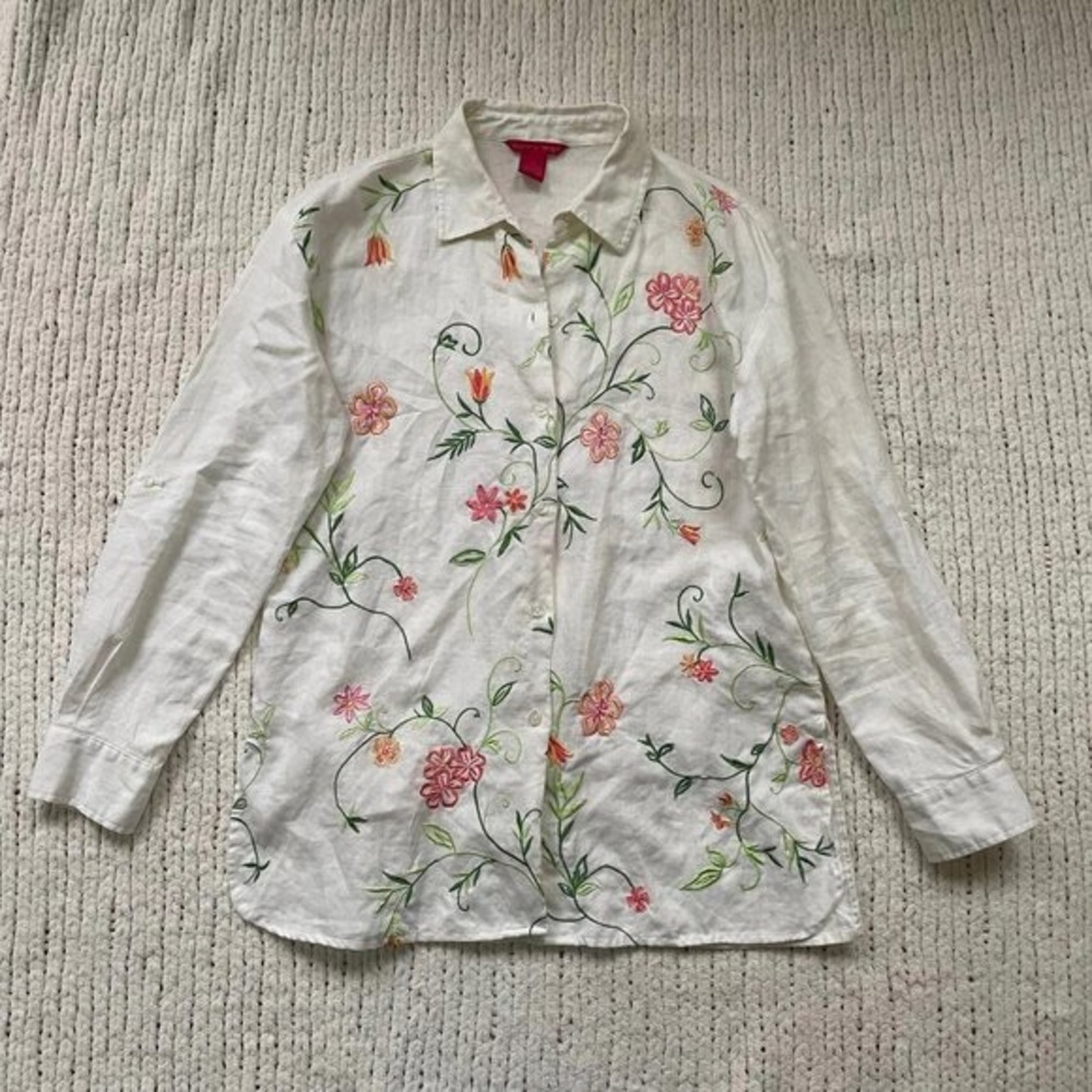 Womens Floral Linen Button Down Shirt Medium